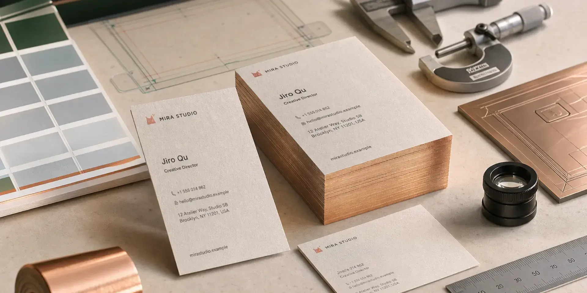 Concept image of a designer’s desk: business cards with copper painted edges, color swatches, a die line, a micrometer and a loupe