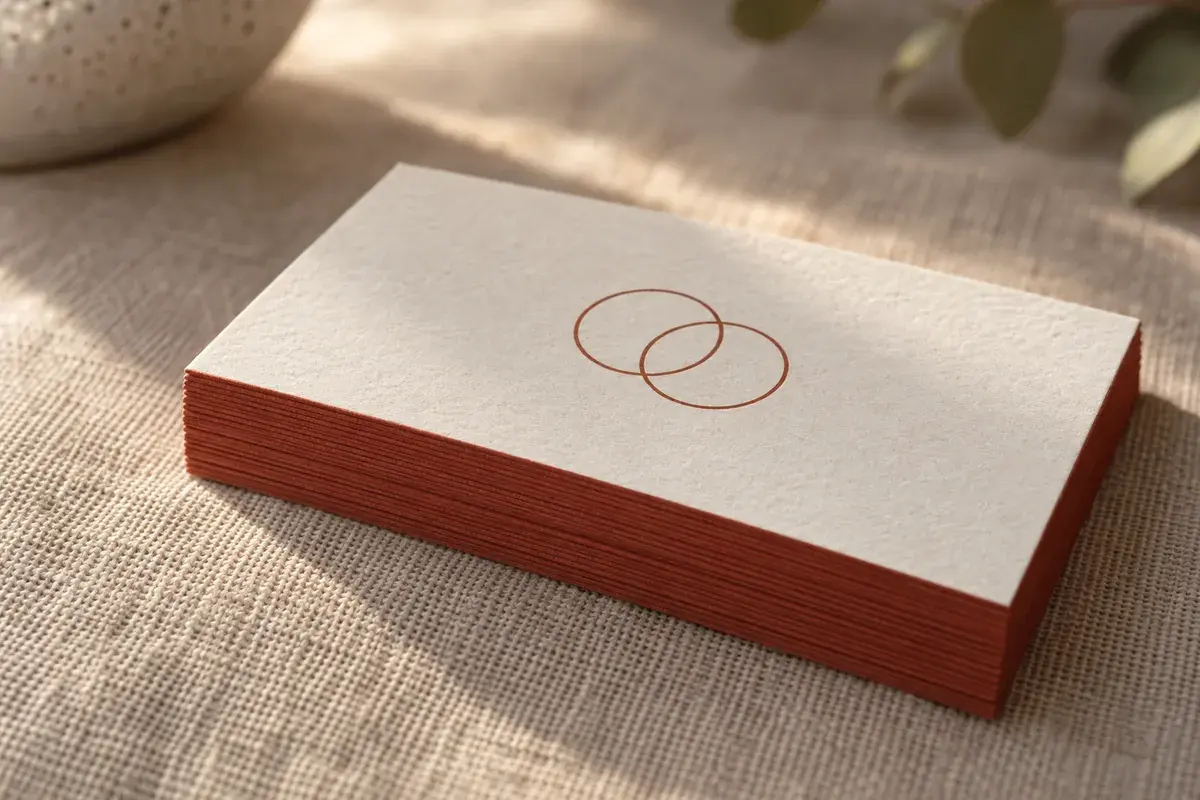 Concept image of a stack of cream business cards with red painted edges