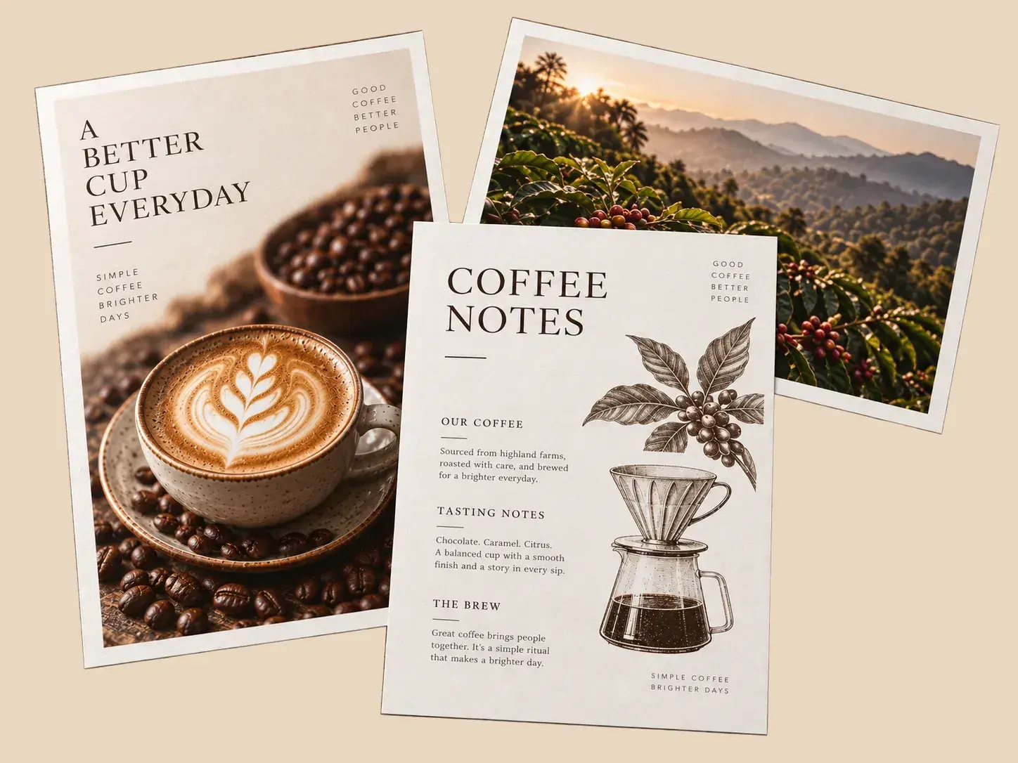 Cards for a coffee brand with photos of a latte and coffee plants