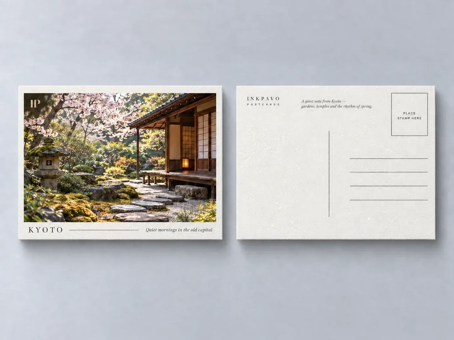 The front and back of a postcard with a photo of a Japanese garden, on grey