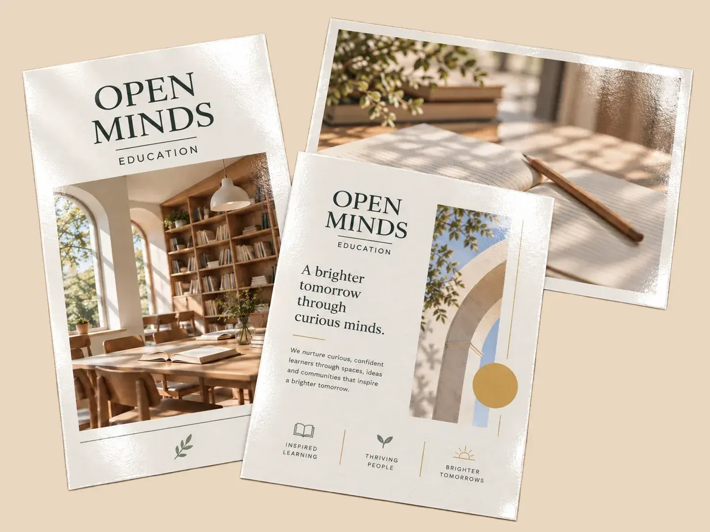 Two portrait cards and a landscape card for an education brand, with photos of a library