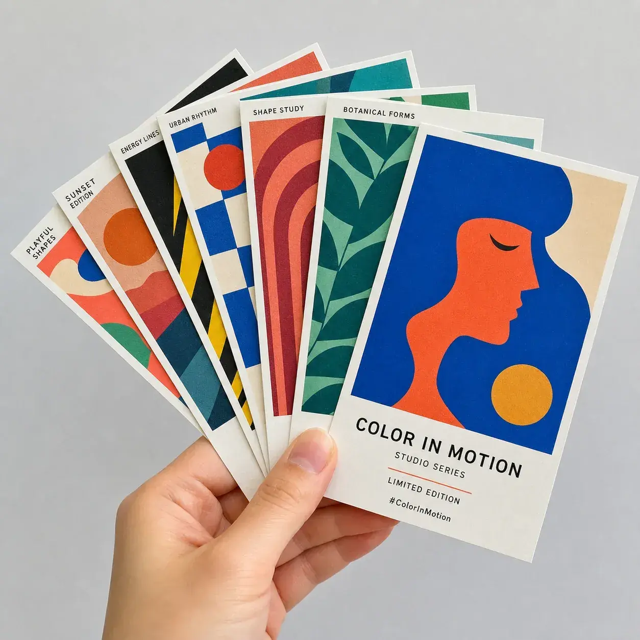 A hand holding a fan of postcards printed with bold, colorful illustrations