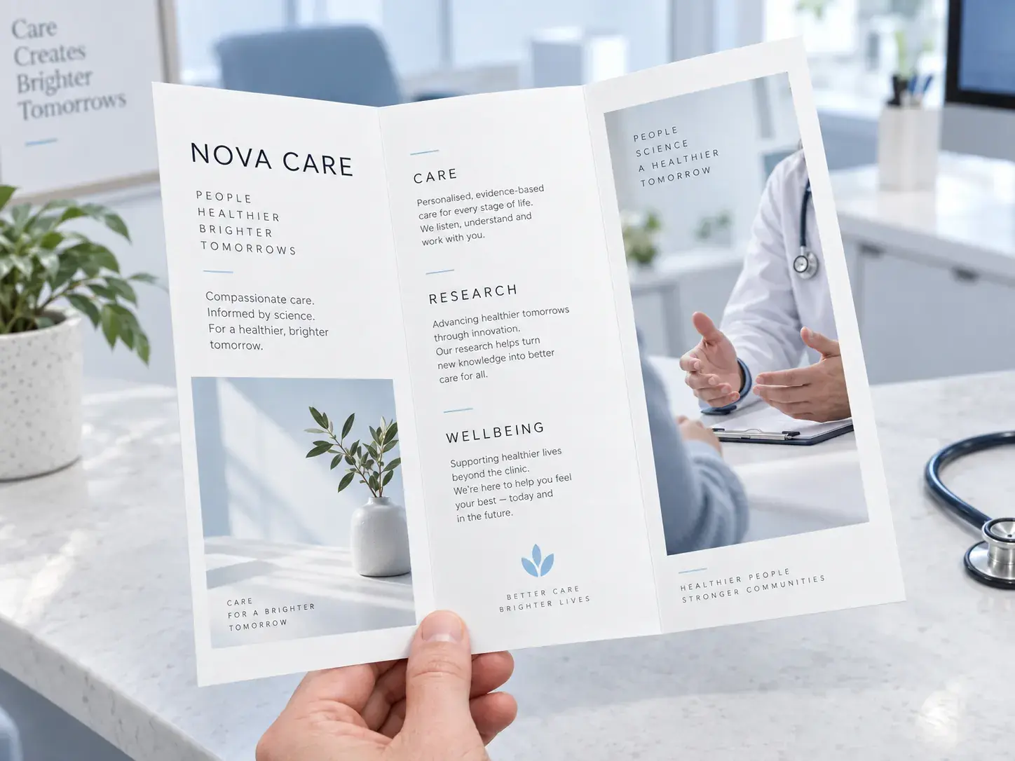 A hand holding an open three-panel clinic brochure over a desk with a stethoscope