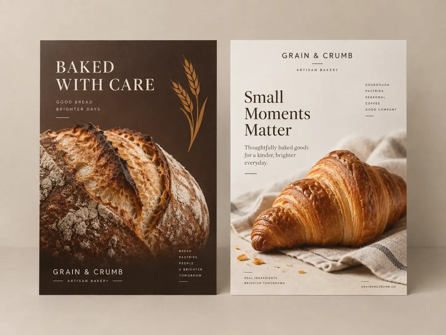 Two flat portrait bakery flyers on a beige background