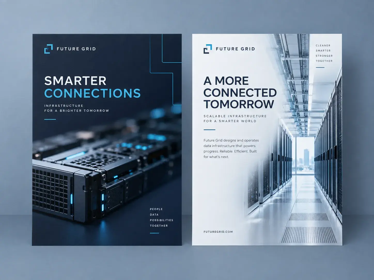 Two flat portrait technology flyers on a blue background