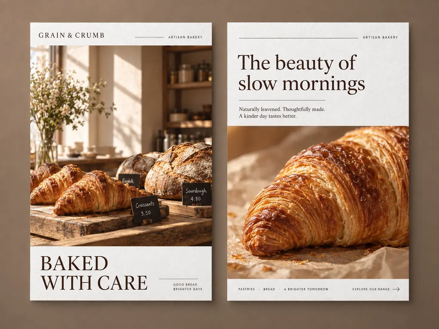 Two flat portrait bakery flyers on brown