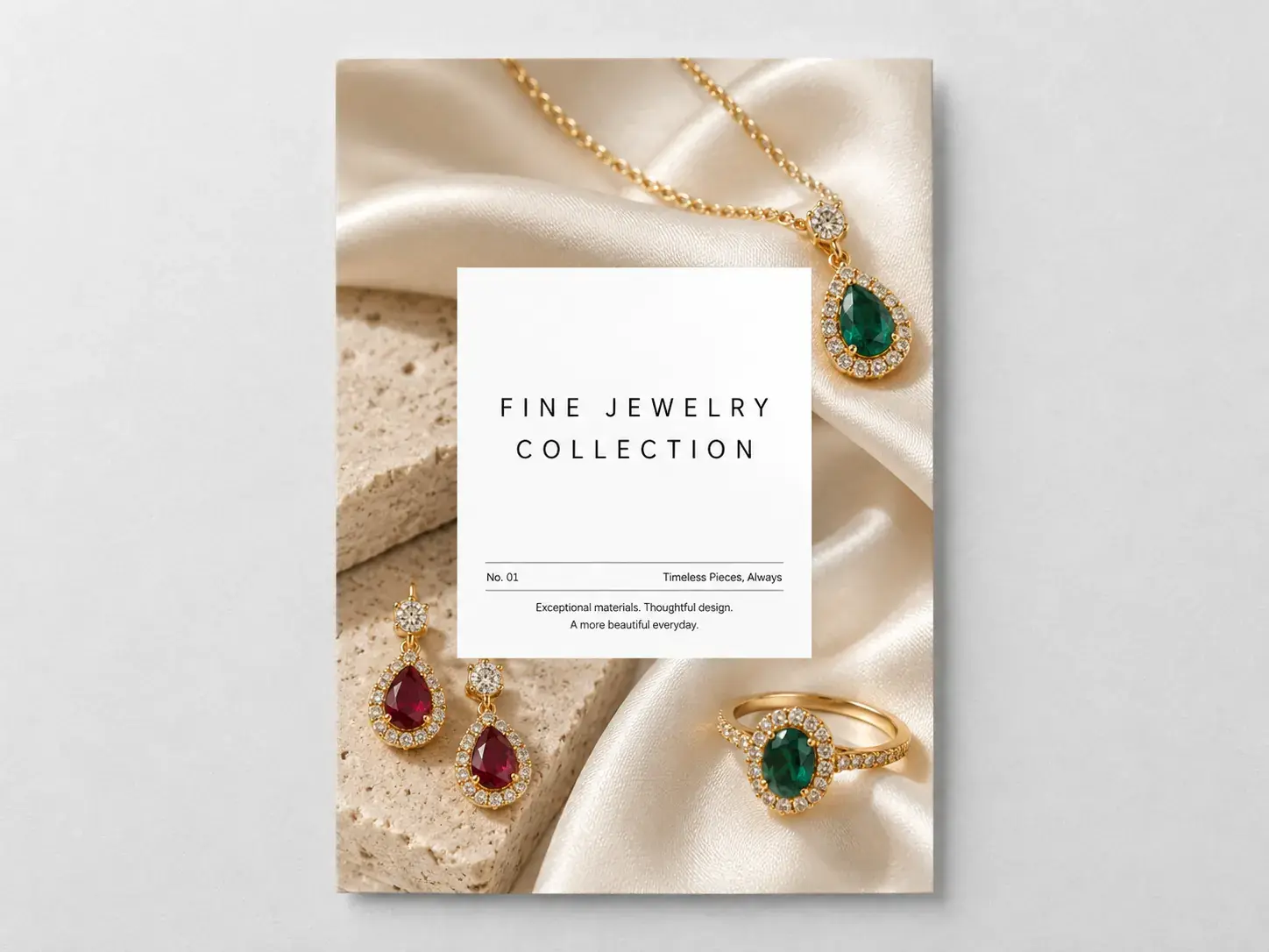 A flat portrait jewelry flyer with gold jewelry on satin