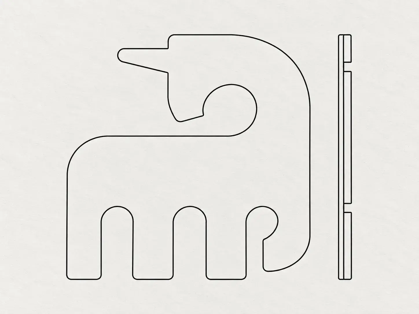 Line drawing of an elephant-shaped die-cut card and its edge