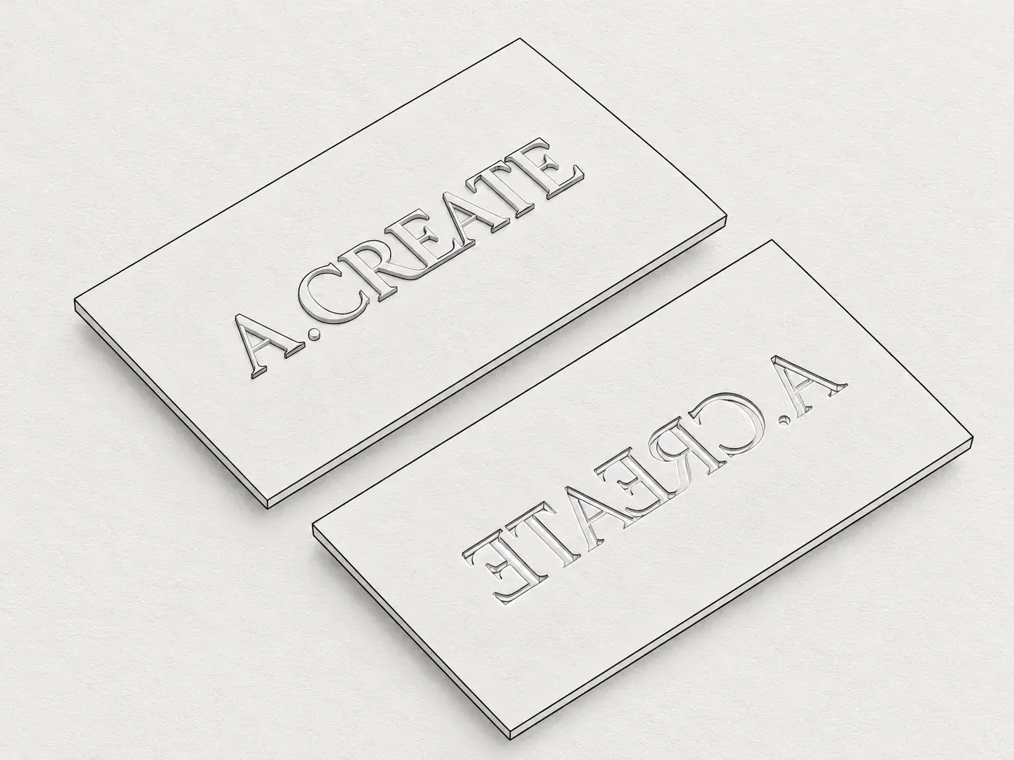 Line drawing of the front and back of a card with an embossed and debossed wordmark