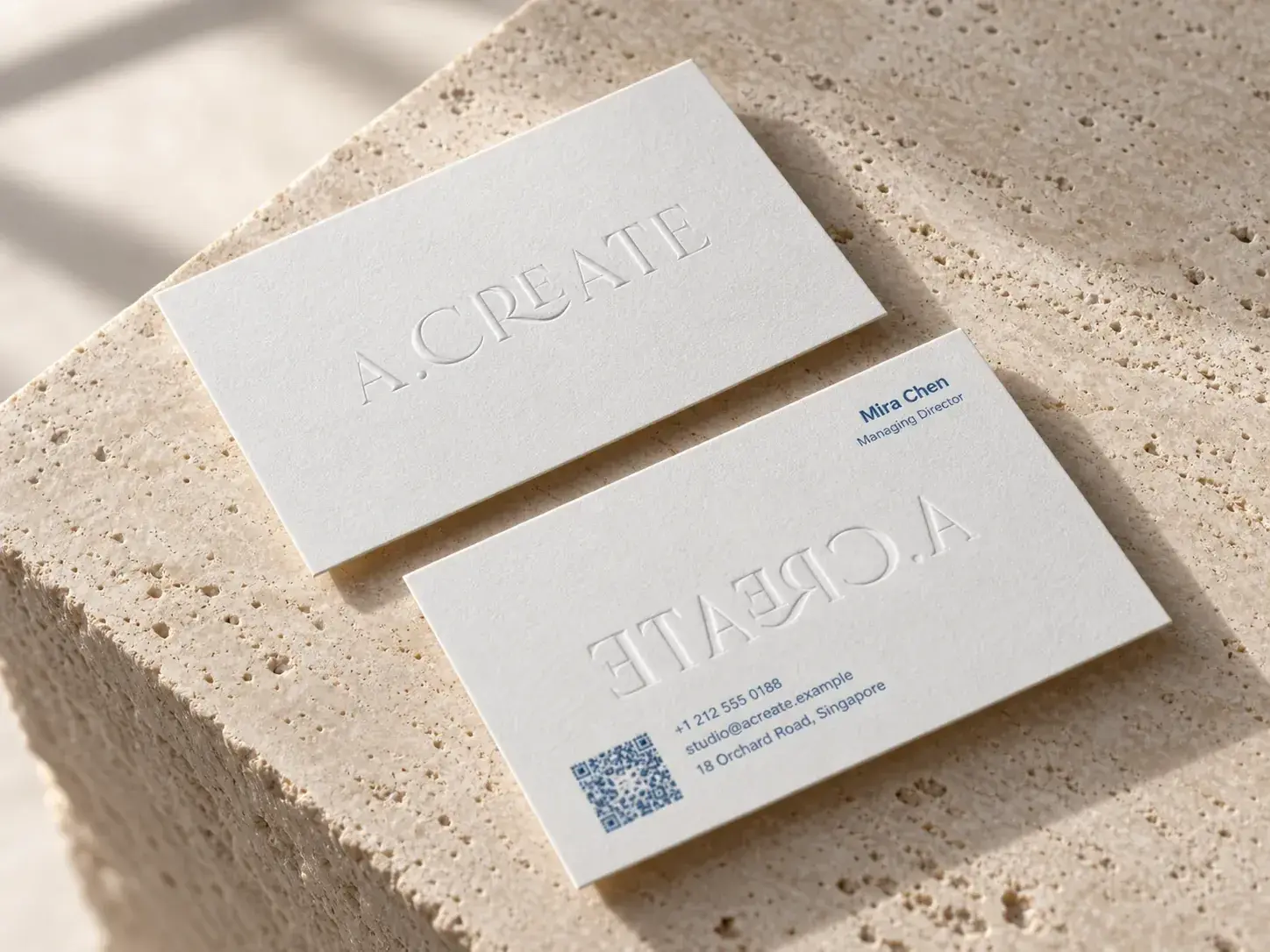 Two white cotton paper cards on stone: a blind-debossed logo on one, small blue print and a QR code on the other