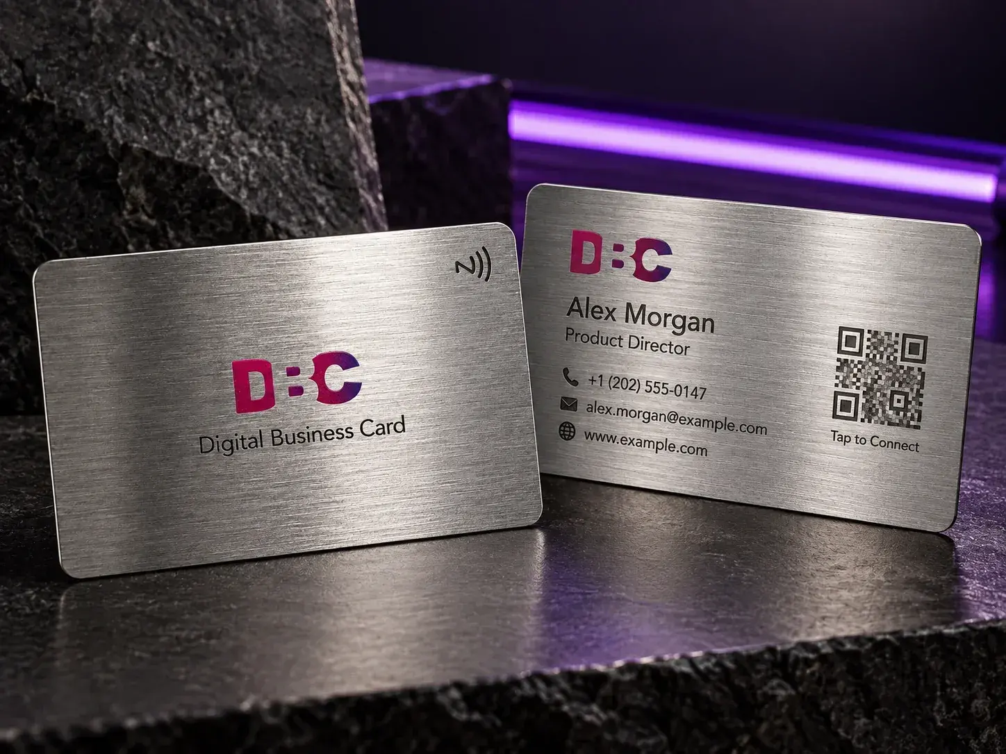 Brushed silver metal cards with an NFC symbol and a QR code
