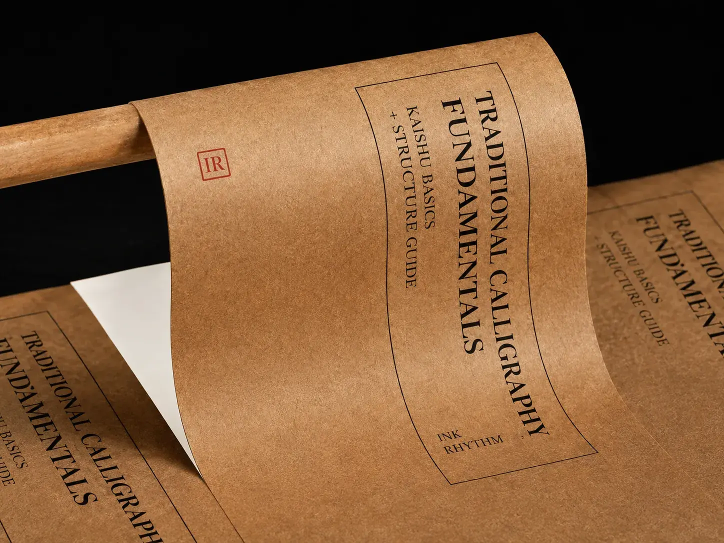 A sheet of brown kraft labels with black type and a small red seal, one label peeled up