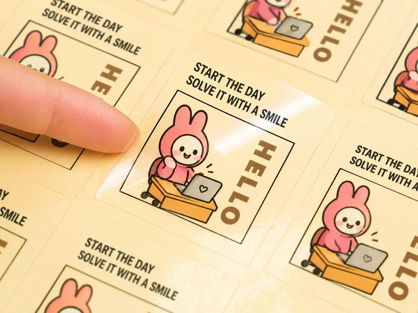 A sheet of square clear stickers with a cartoon bunny, a finger lifting one so the light parts show the backing through