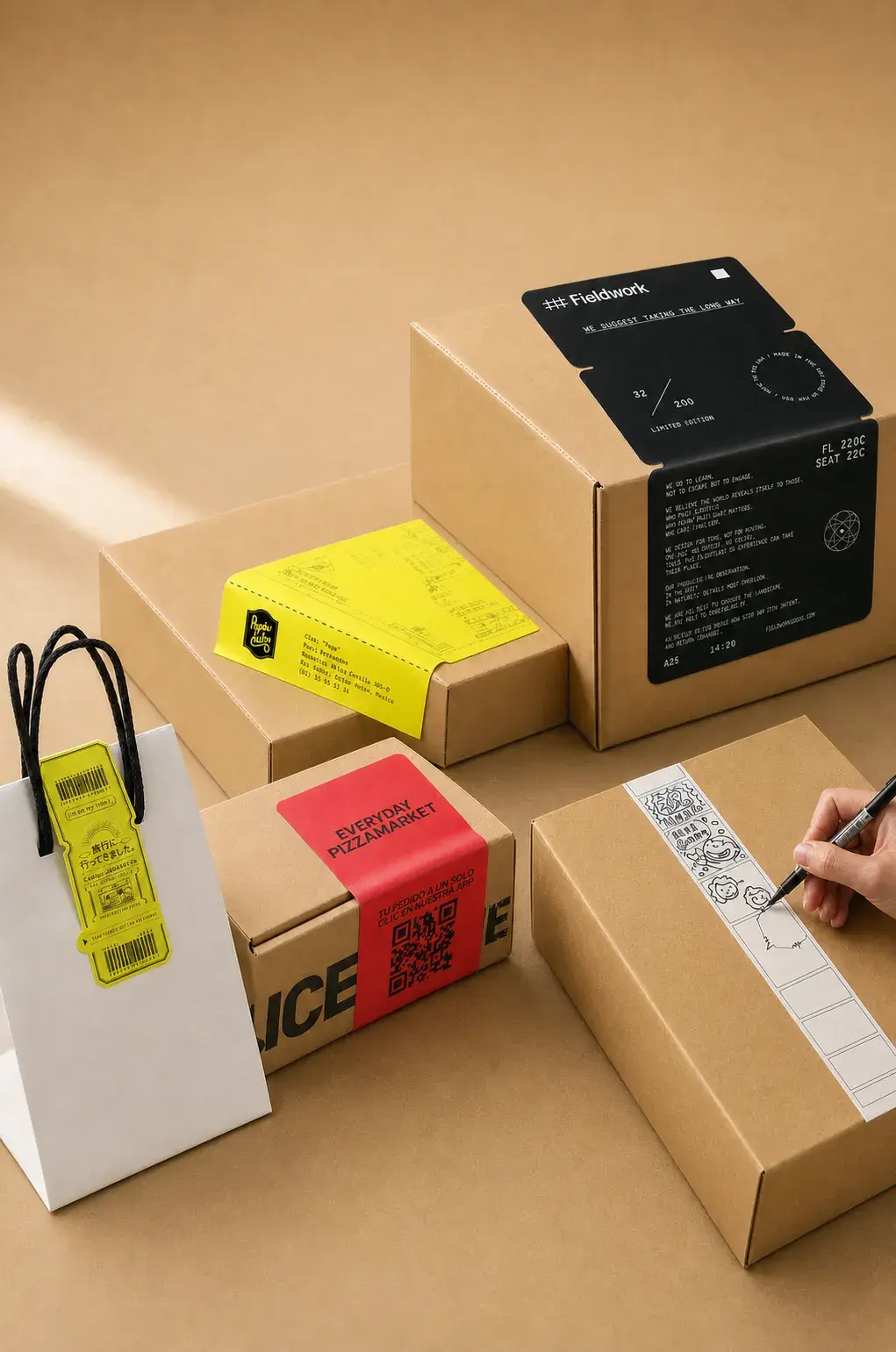 Kraft boxes and a paper bag with large paper labels, one being written on with a pen