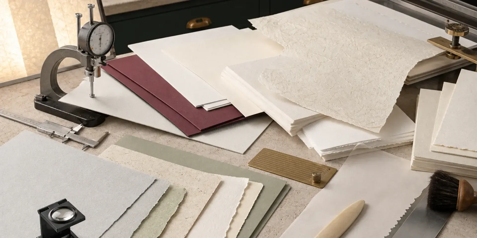 Concept image of paper stocks being checked on a workbench