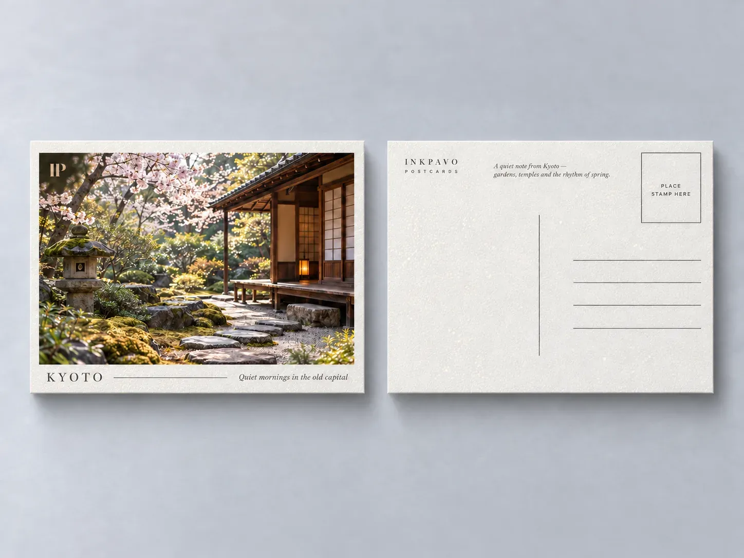 The front and back of a travel postcard with a photo of a Japanese garden, on grey