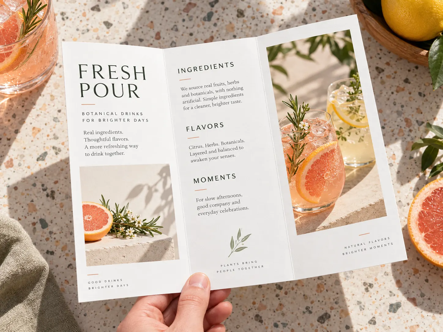 A hand holding an open three-panel drinks brochure over a terrazzo table with grapefruit drinks