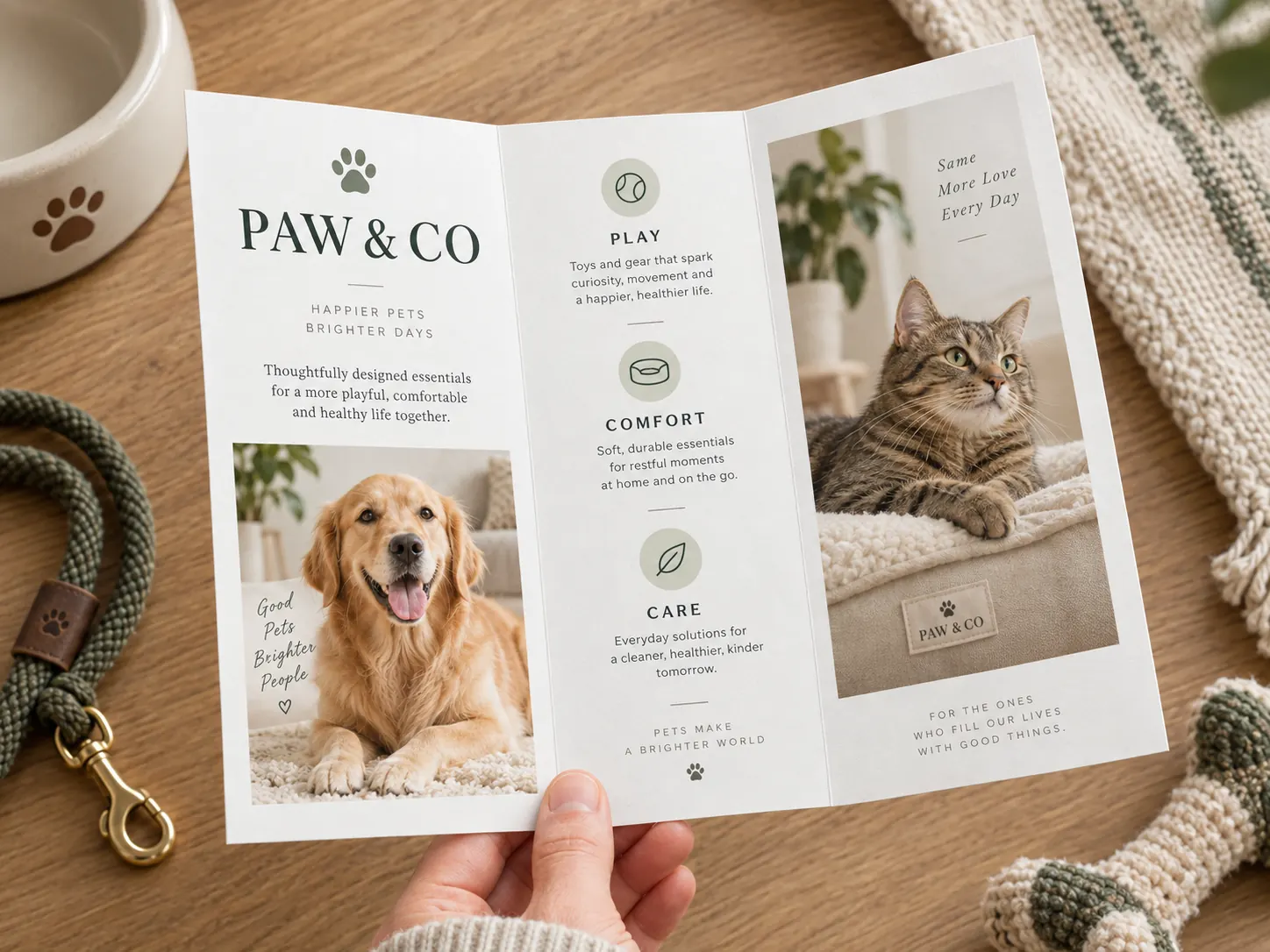A hand holding an open three-panel pet-shop brochure over a wooden table