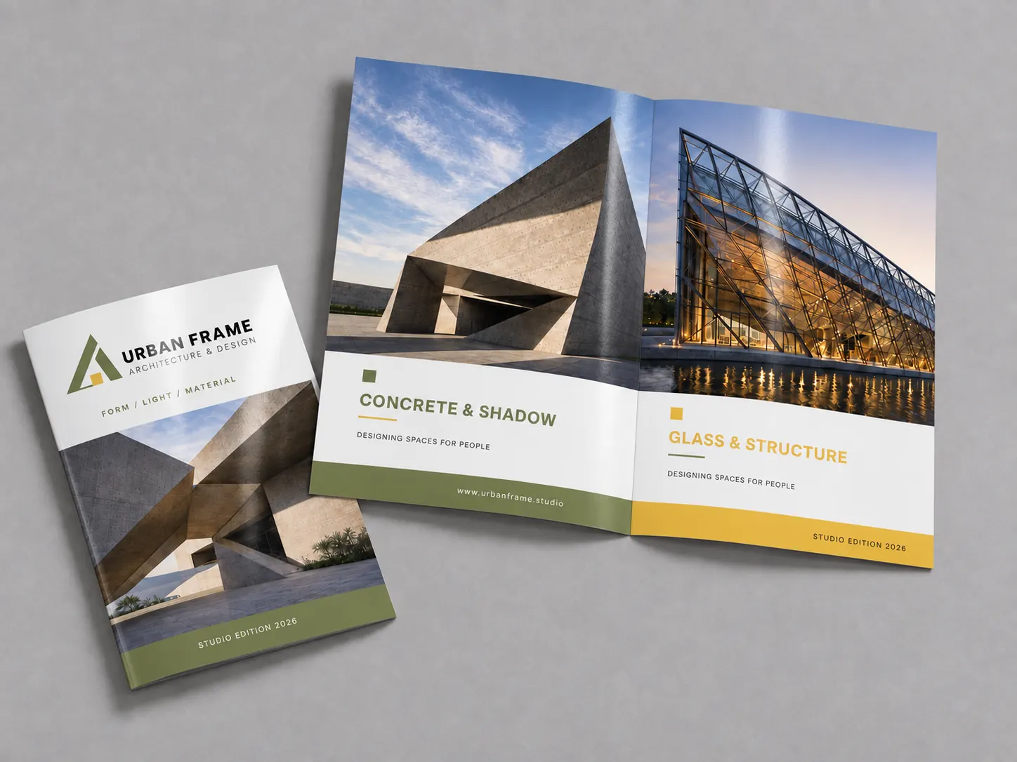 A closed architecture brochure and one opened to a two-panel spread