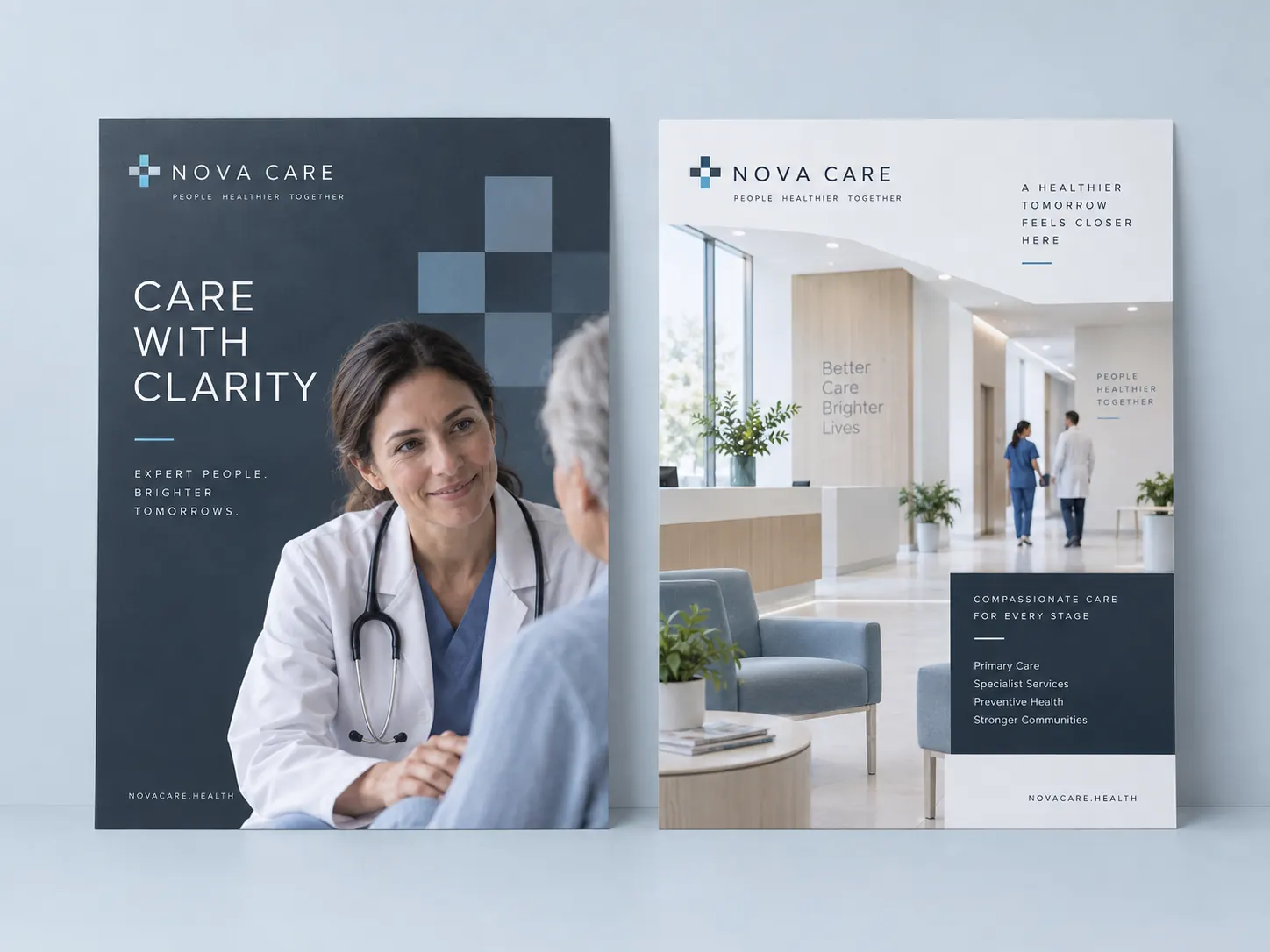 Two flat portrait clinic flyers leaning on a pale blue wall