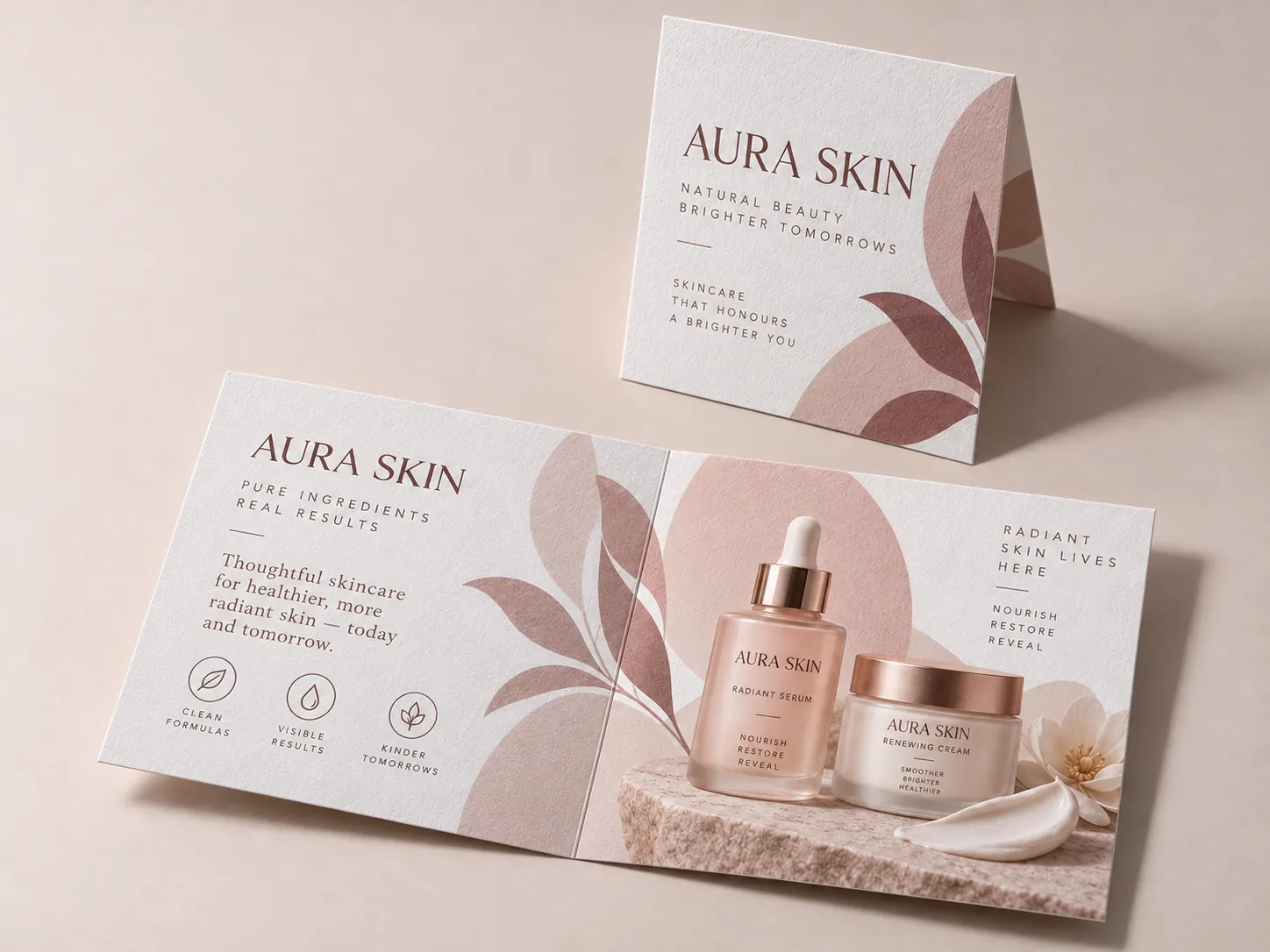A square skincare piece folded in half and standing, and another opened flat with a serum bottle