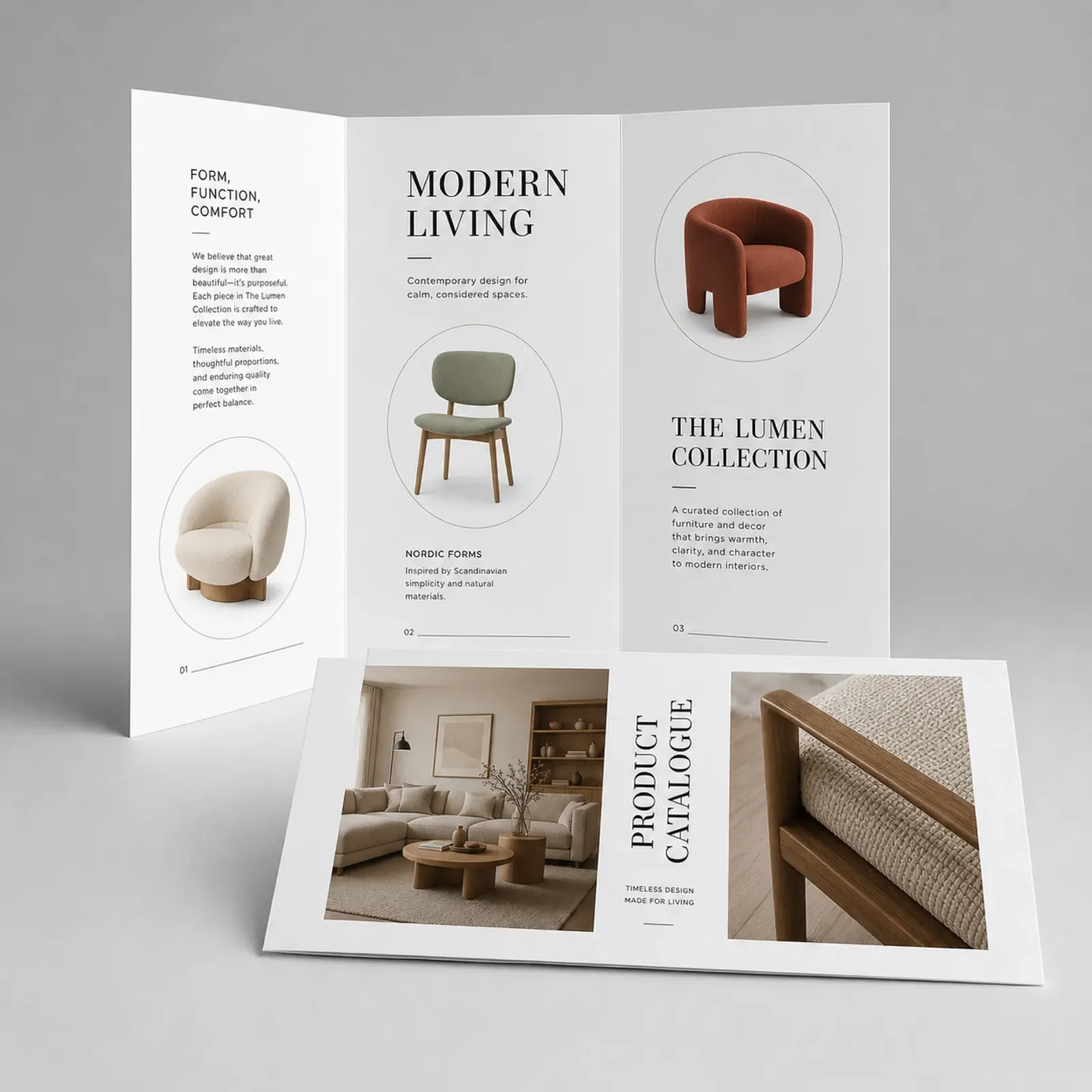 A standing open three-panel furniture brochure and a second one lying flat