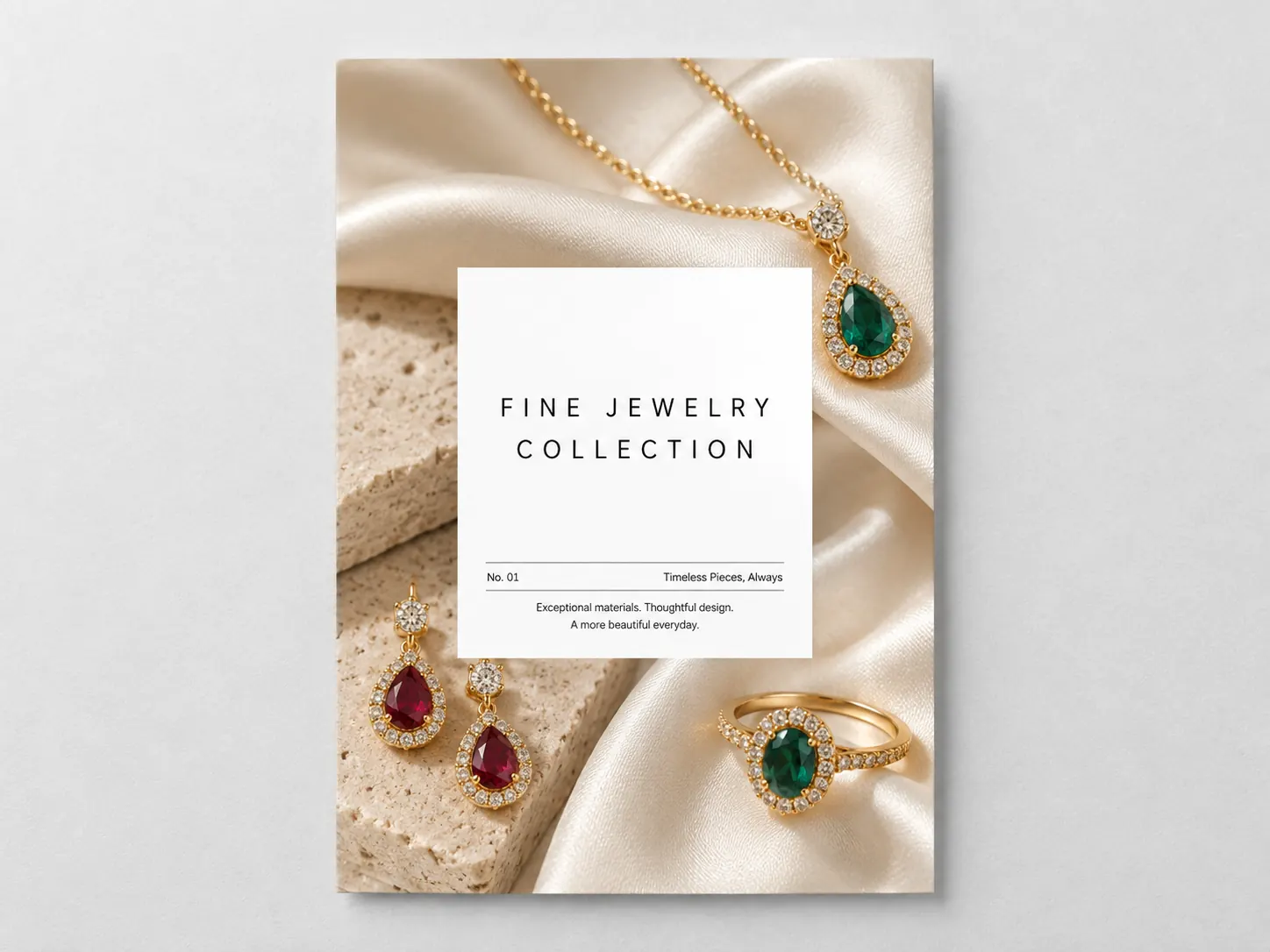 A flat portrait jewelry flyer with gold jewelry on satin