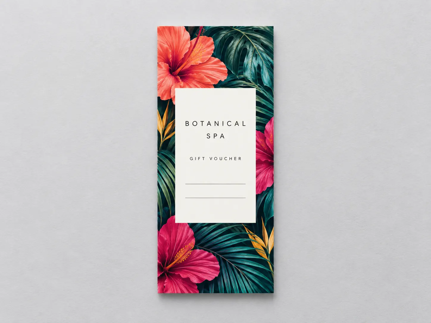 A tall flat spa card with tropical leaves