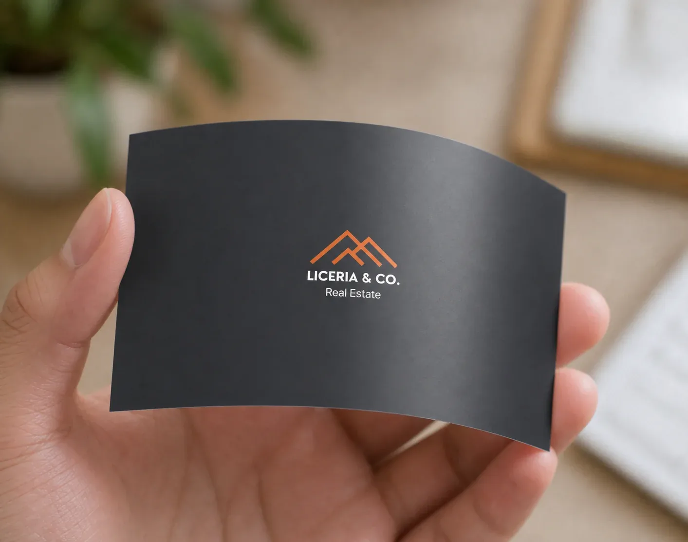 A black laminated business card with an orange logo, flexing slightly in a hand