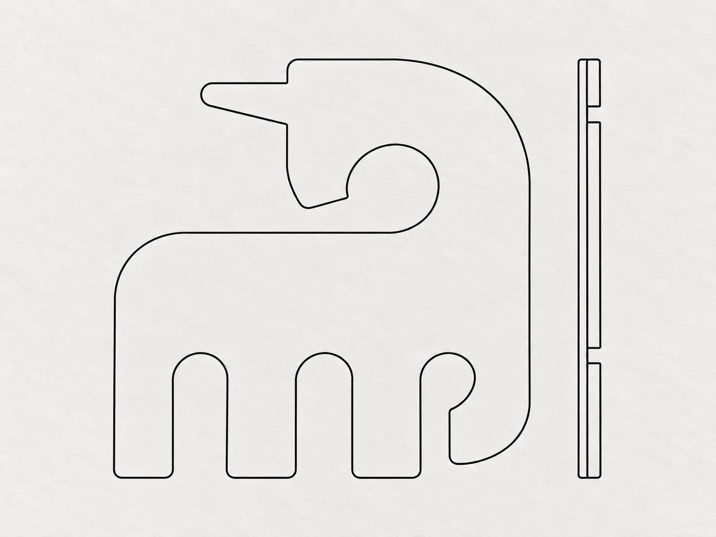 Line drawing of an elephant-shaped die-cut card and its edge