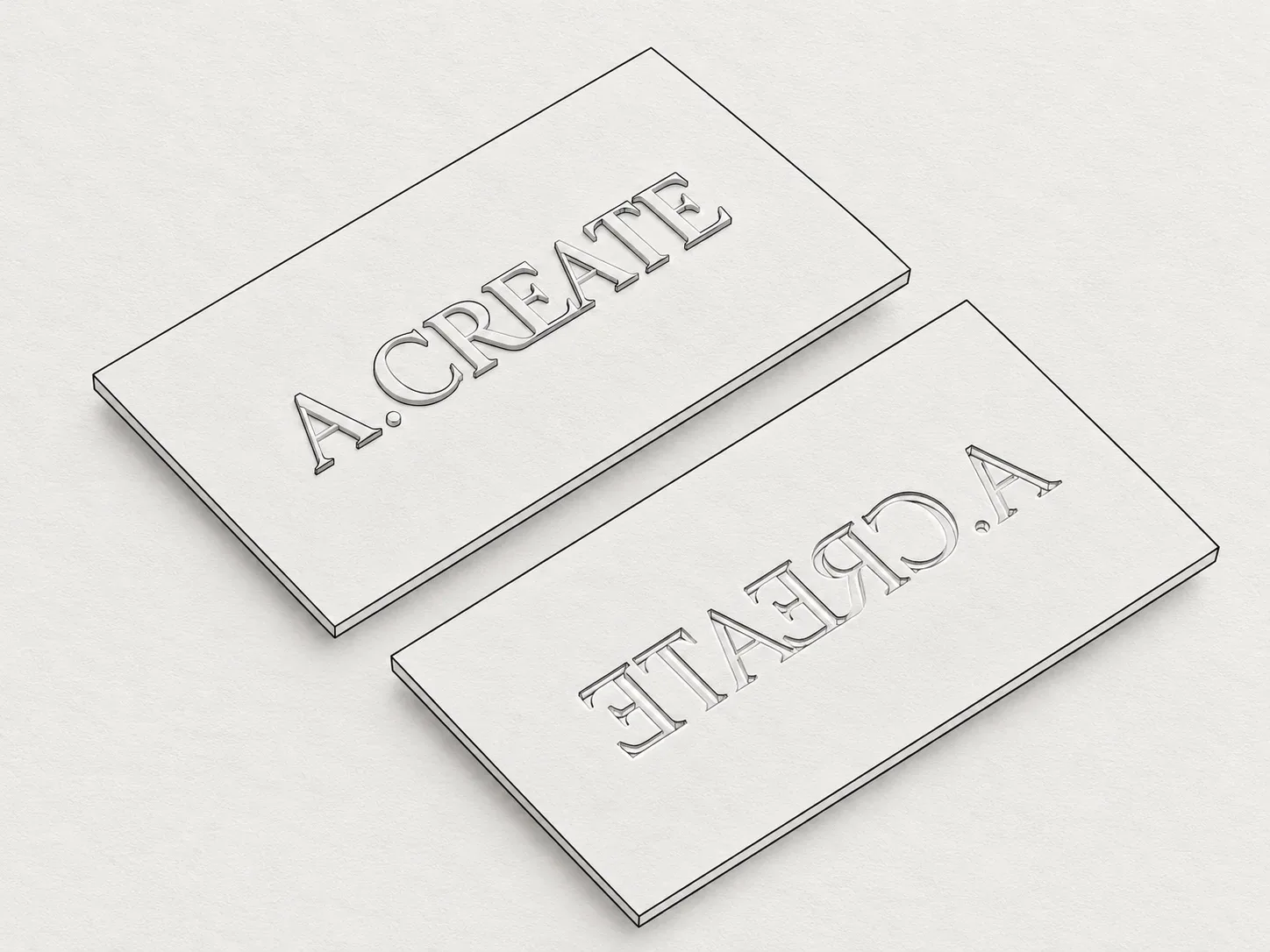 Line drawing of the front and back of a card with an embossed and debossed wordmark