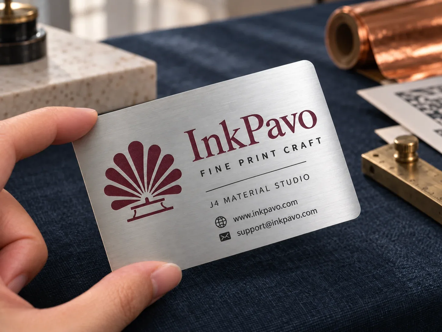 A hand holding a brushed silver InkPavo metal card over dark blue cloth