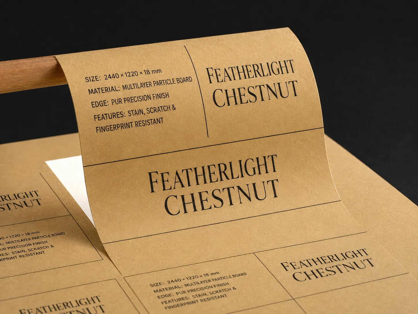 A sheet of light kraft labels printed in black, the top label peeled up over a wooden rod
