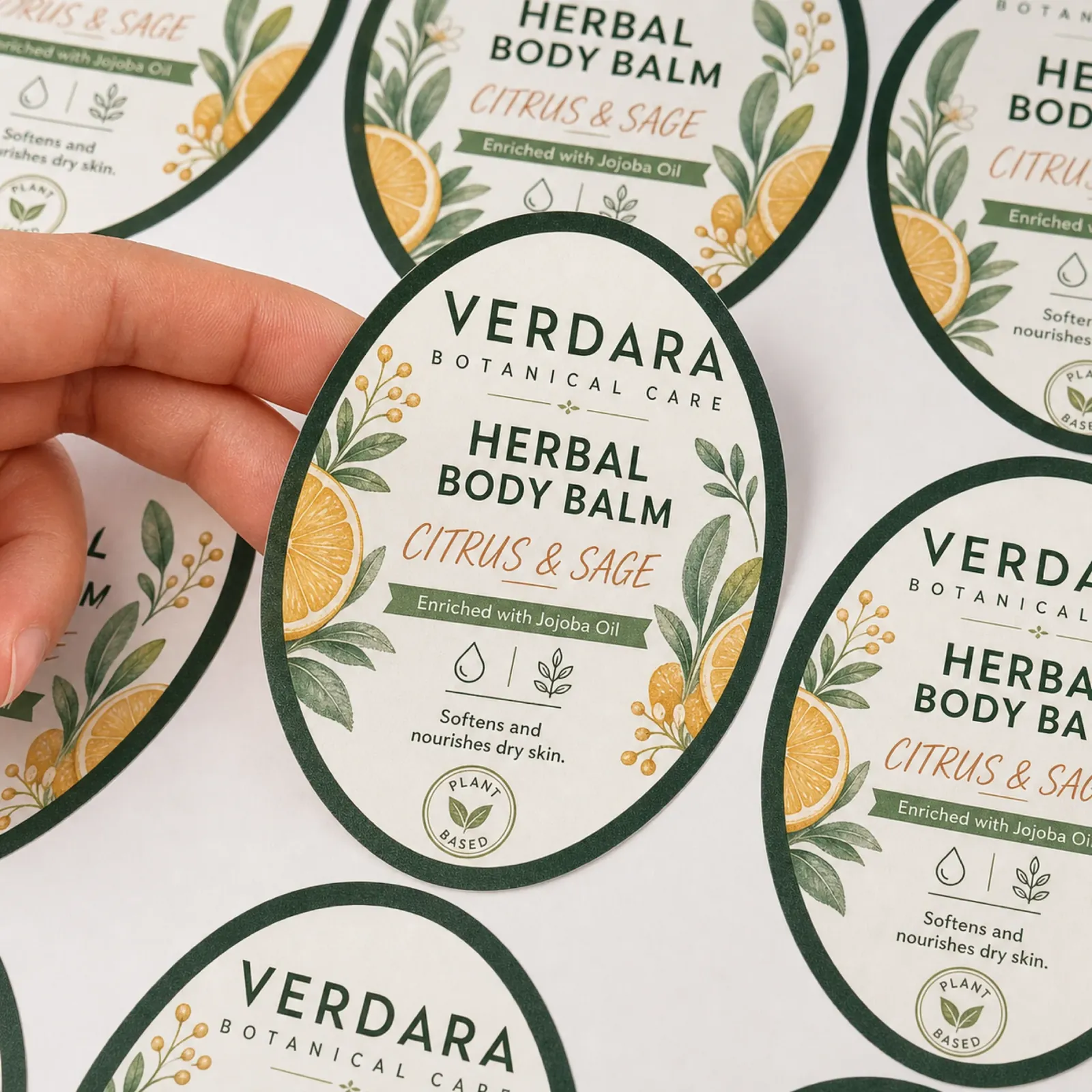 A hand peeling an oval herbal body balm label off a sheet of identical labels
